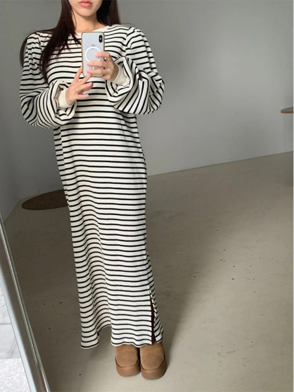 Casual listra longa dr feminino faion retro cor blo el fenda lateral camada base solta dr coreano sle redondo ne