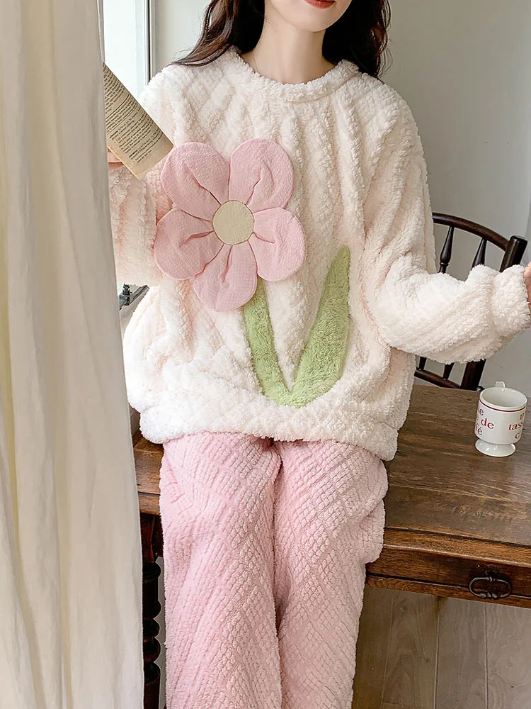 Winter Women\'s Plush Thick Sweet Pink Home Pajamas Sets Flannel Warm Casual Simple Long-Sleeved Pullover Sleepwear For Sleeping