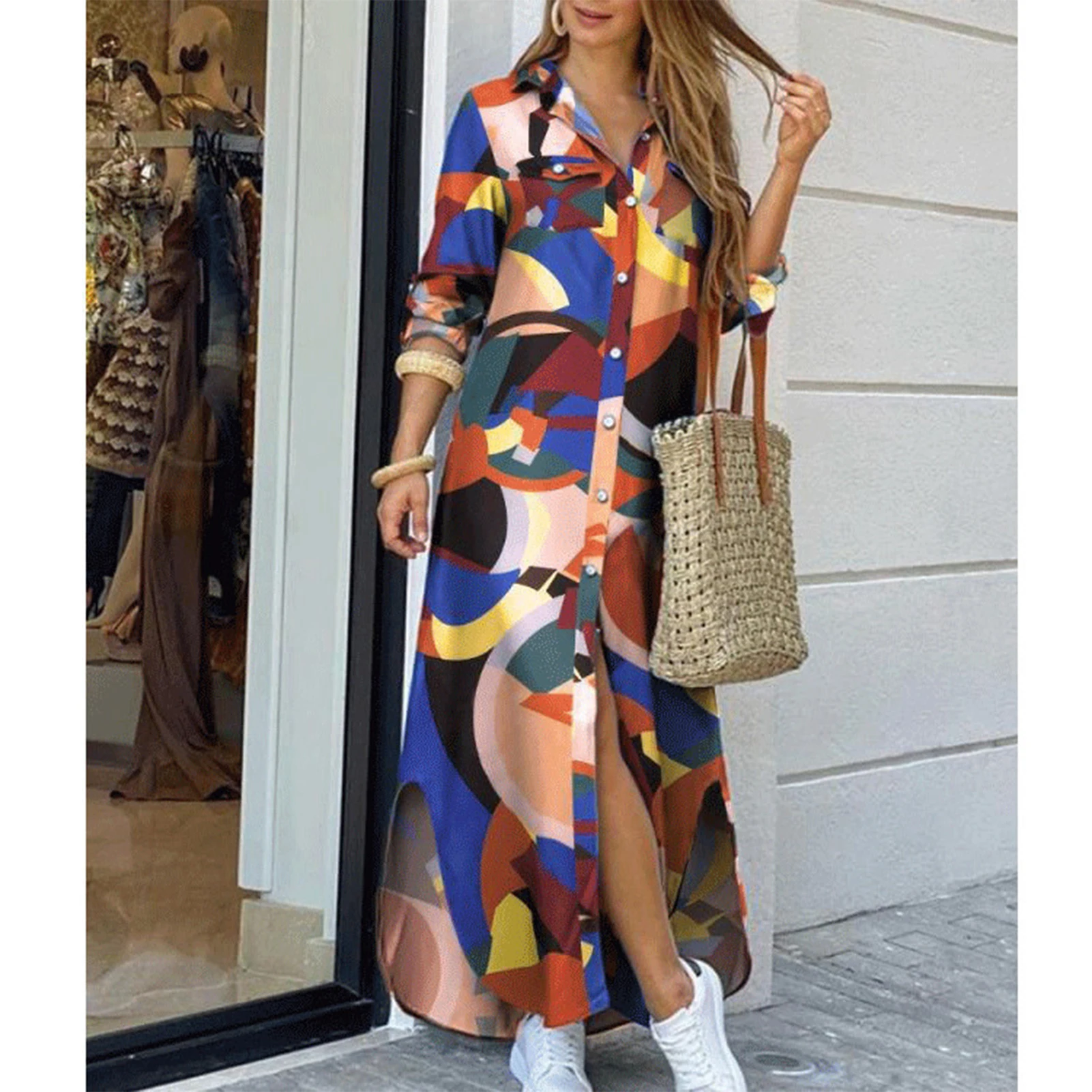 Women's Printed Shirt Long Dress Fashion Summer Sexy V Neck Long Dress for Home Office Outfit NIN668