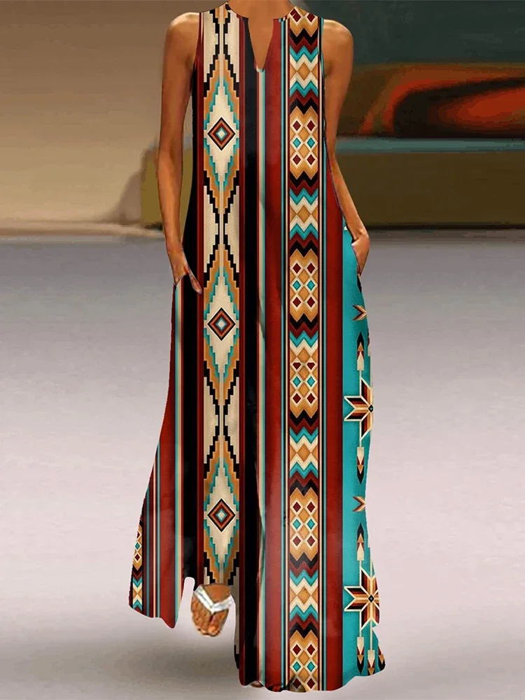 Abito bohémien con stampa geometrica retrò per abito lungo elegante con scollo a V alla moda, abito casual da vacanza, abito da sera per cena da cocktail