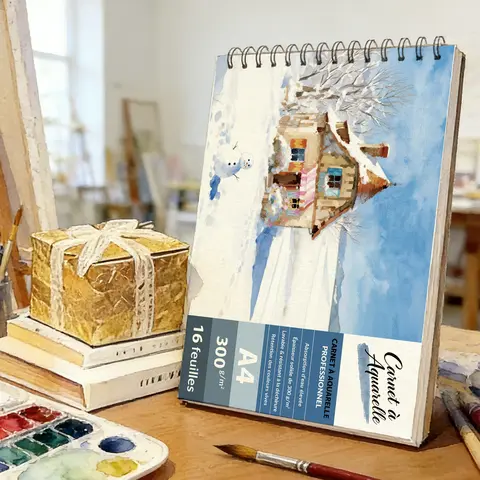 A4  Spiral-Bound Watercolor Sketchbook, 300GSM Heavyweight Acid-Free Paper, 16 Sheets, Winter Snowy Cottage & Snowman Art Cover,