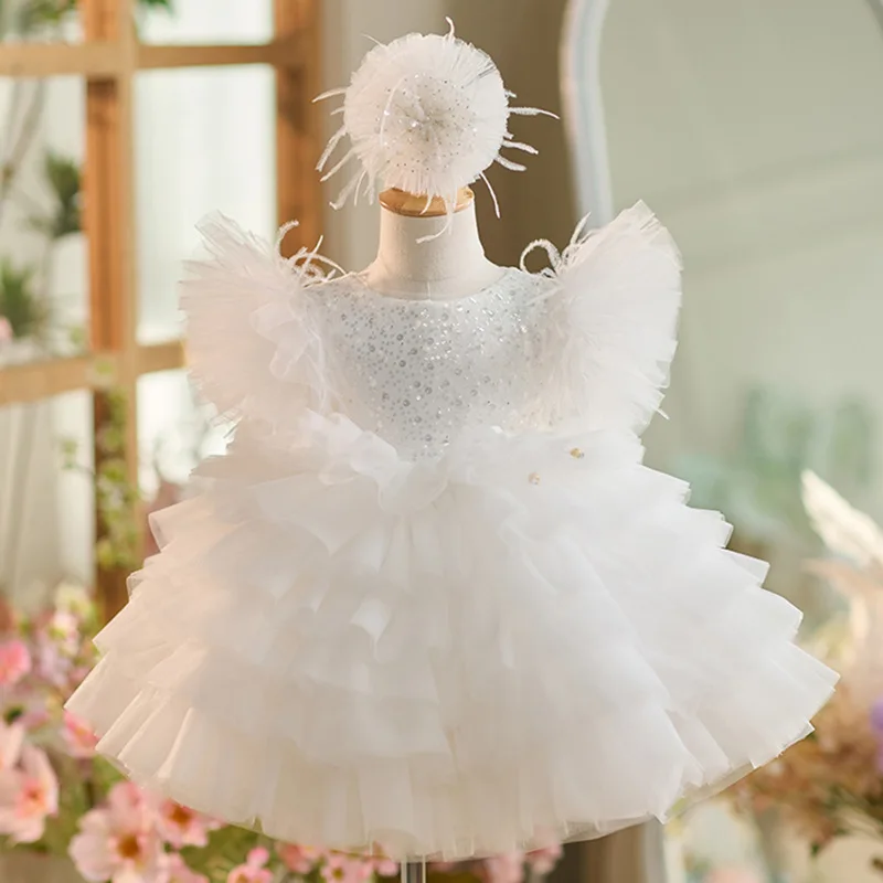 New White Flower Girl Dresses Tulle Sequin Top O Neck Girls Birthday Party Gown Baptism Christmas Dresses