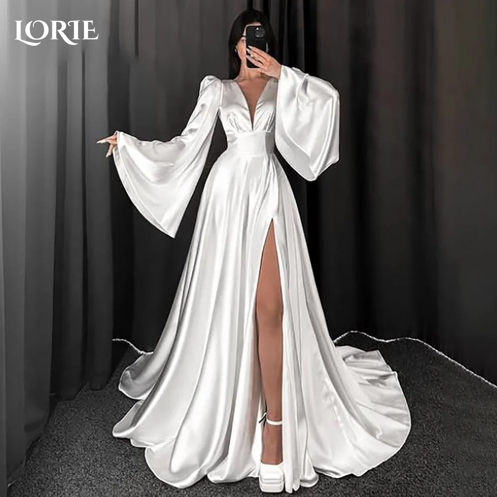 

LORIE Flared Sleeve A-Line Wedding Dress V Neck Slit Shiny Satin Bridal Gown Customized Backless Bride DressSaudi Dress Dubai