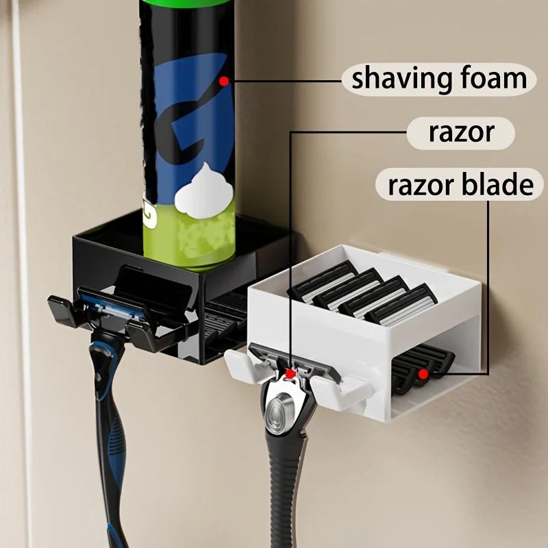 1pc 3-in-1 No Drill Wall Mount Shaver Rack, Bathroom Storage Holder for Shaver, Shaving Foam & Razor Blades