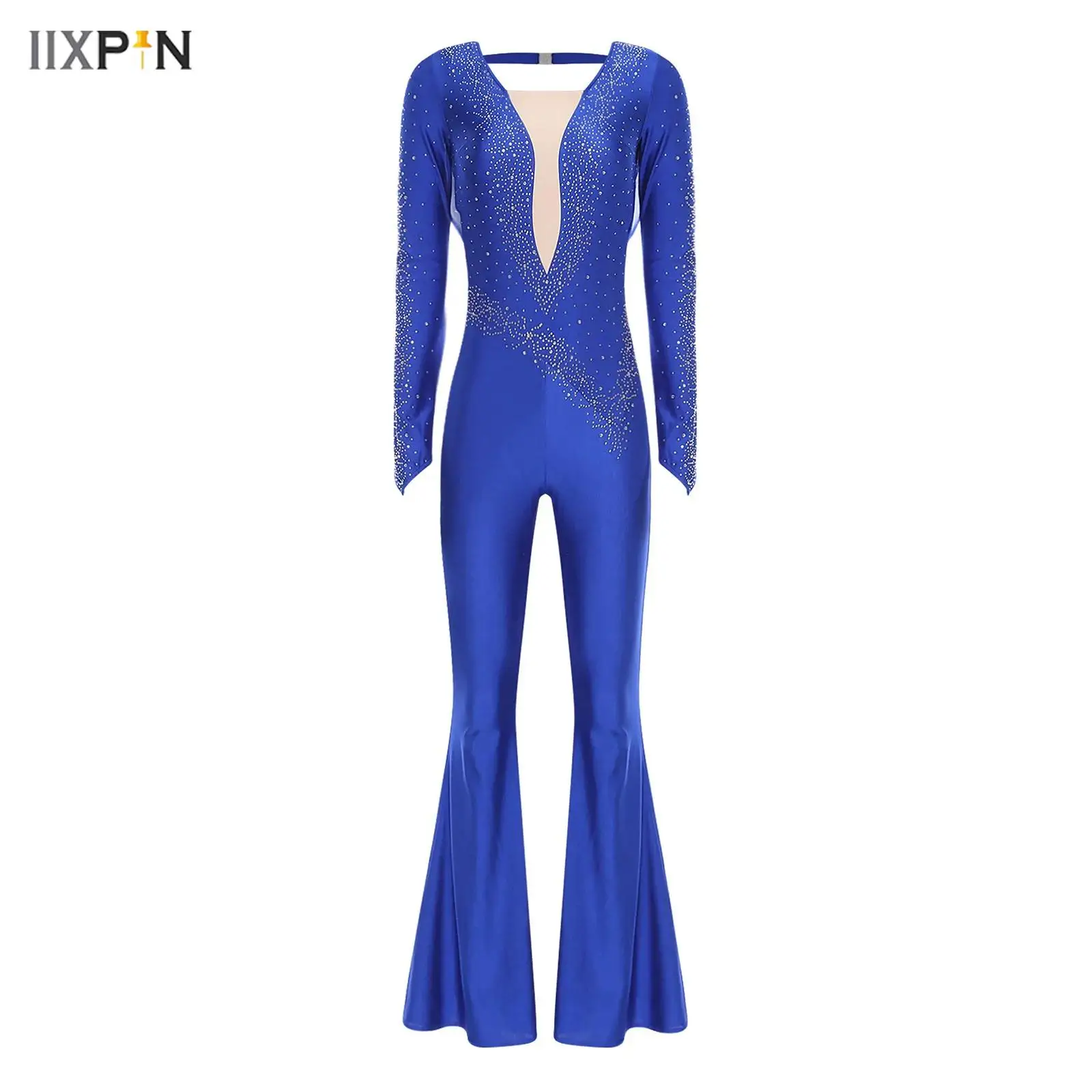 

Womens Glittery Rhinestone Latin Dance Rompers Long Sleeve Ruched Mesh Overlay Bell Bottom Long Pants Jumpsuit Cha-cha Dancewear