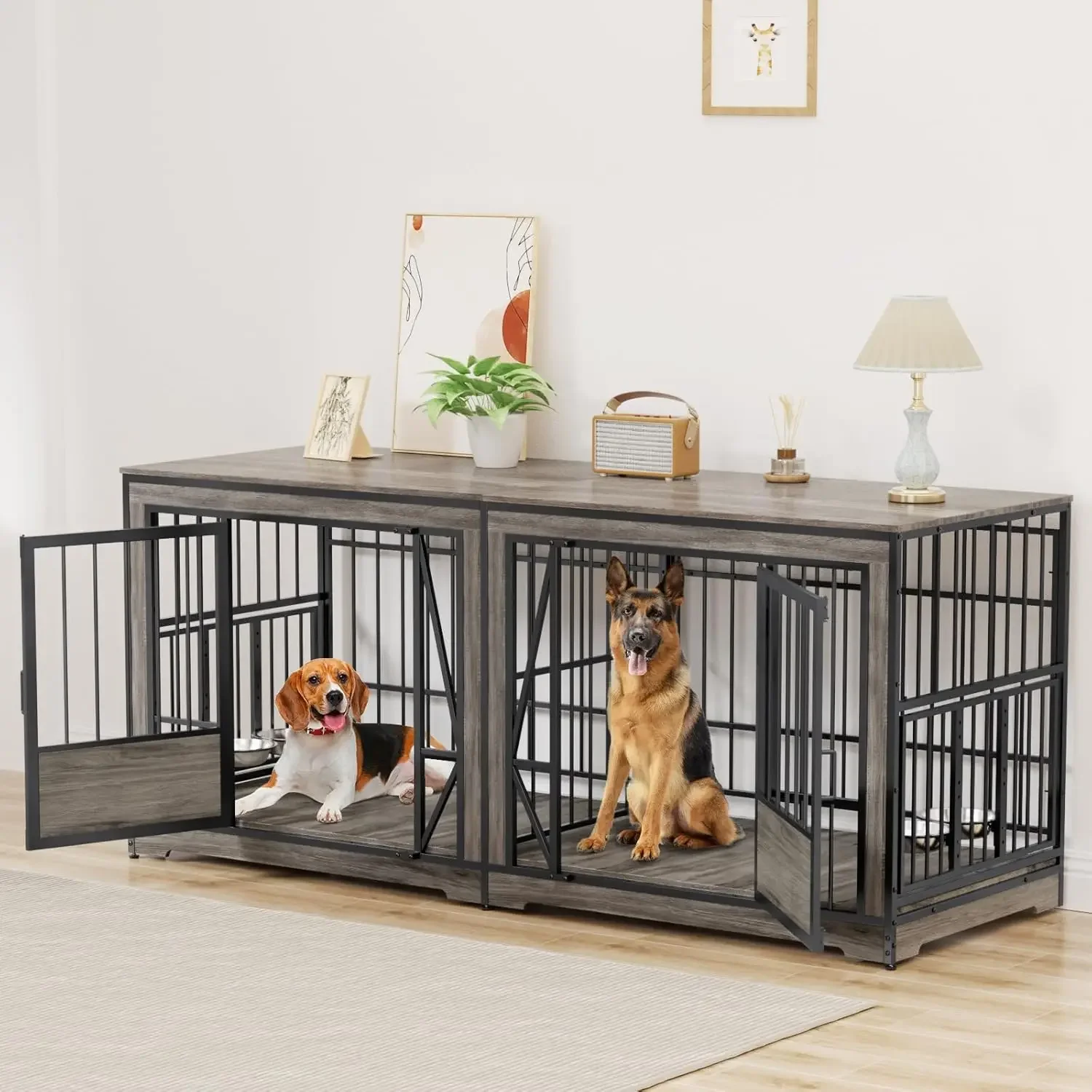 

Grey Double Dog Crate Furniture Heavy Duty Dog Kennel Indoor Xxl Divider Four Bowls