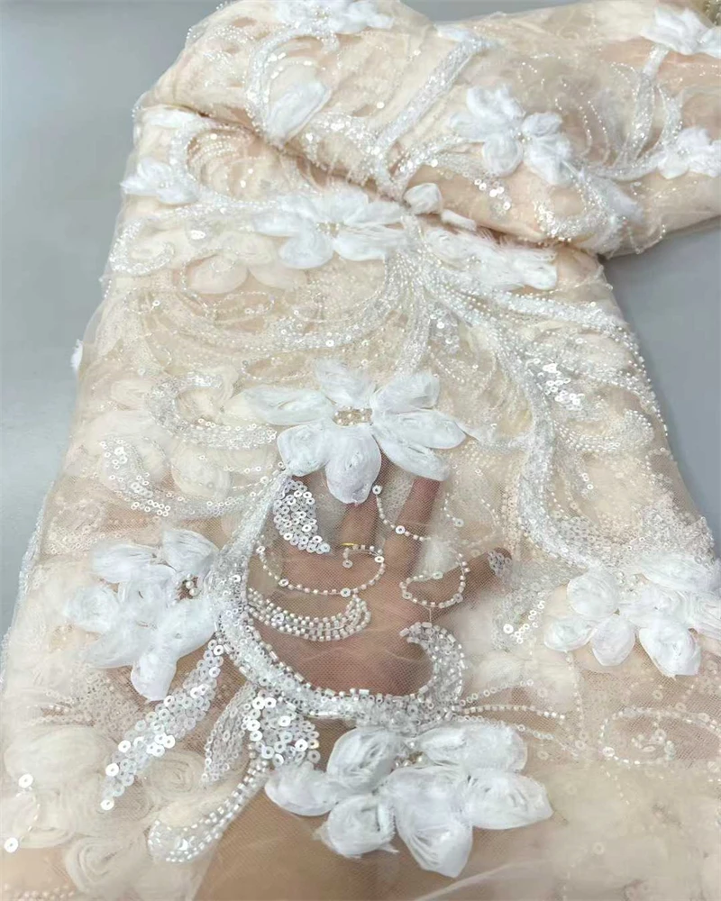 2025, neuester heißer Verkauf, neuer High-End-Luxus-französischer Stickerei-Perlen-Spitzenstoff, afrikanischer nigerianischer Stoff mit Pailletten für Hochzeit