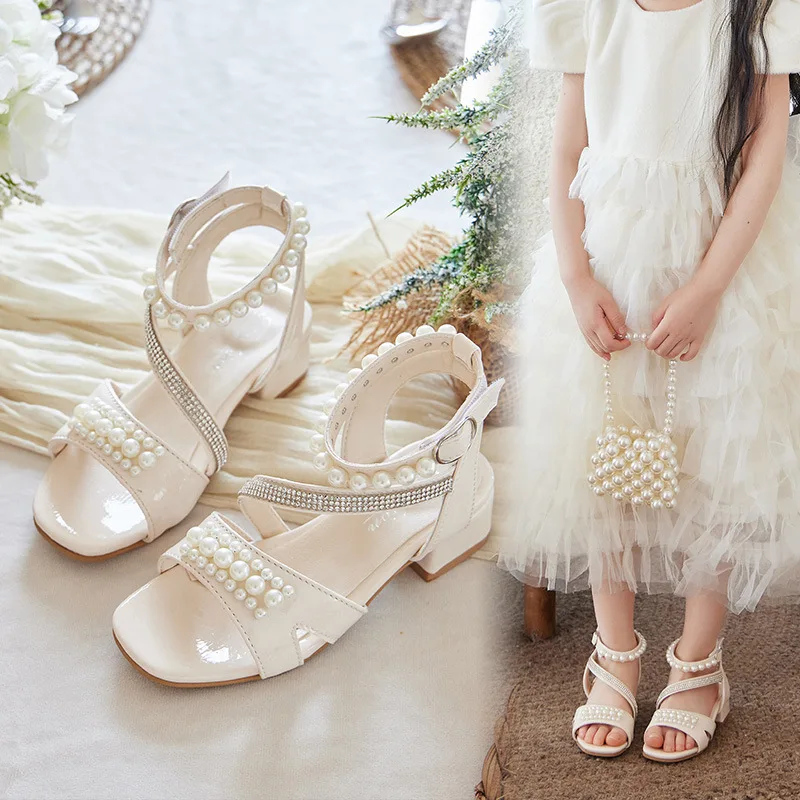 Square Heel Kids Bling Rhinestone Sandals Children Girls Summer Fashion Beading Sandals Princess Fashion School Low Heel Shoes