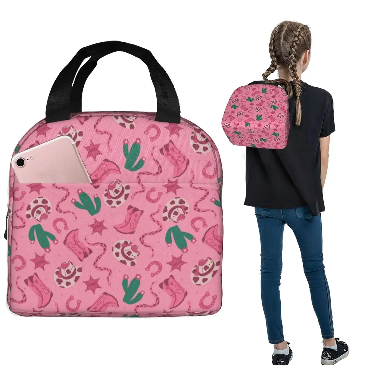 

Термосумка для обедов с изоляцией, с принтом в стиле вестерн: ковбой, кактус, корова, цветы. Герметичная сумка-тоут для еды для женщин и детей.