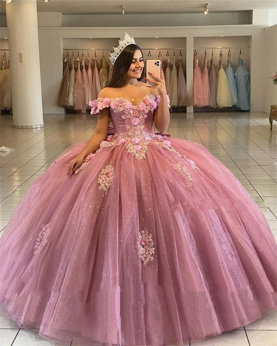 

Pink Quinceanera Dresses Off The Shoulder Glitter Tulle Appliques Pageant Birthday Party Ball Gown Sweet Robes De Bal Free ship