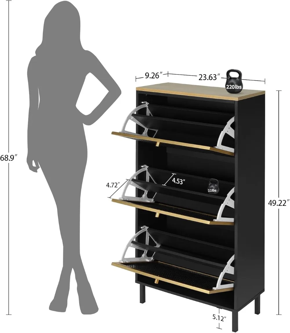 Shoe Storage Cabinet for Entryway - Shoe Cabinet Organizer with Metal Rattan 3 Flip Drawer,Wood Free Standing Rack