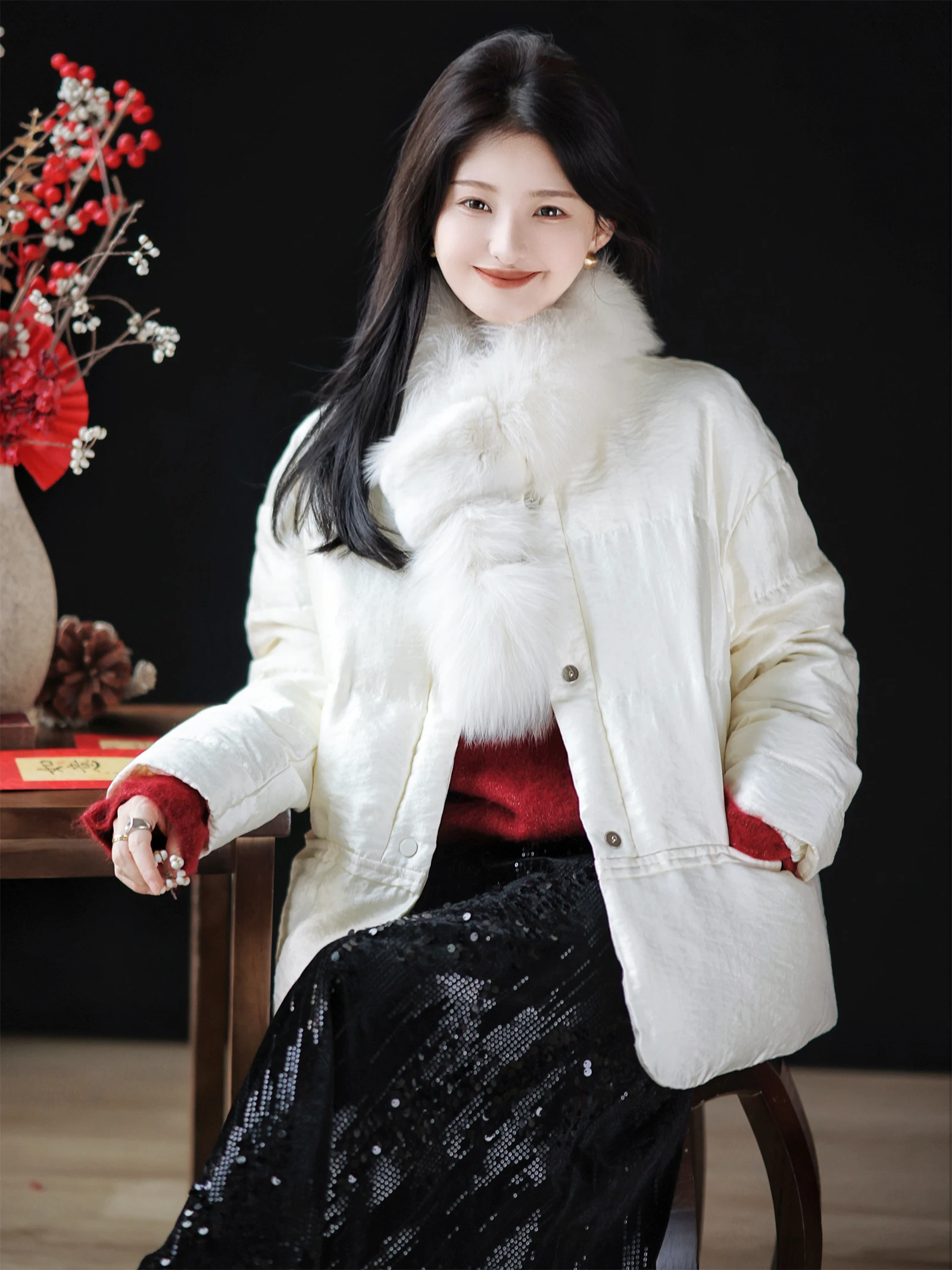 

Chic Moonlight Goose down Jaet 90 White Soft Precise Line New Sle Fluffy Soft Outerwear Women's Mid-Length Coat