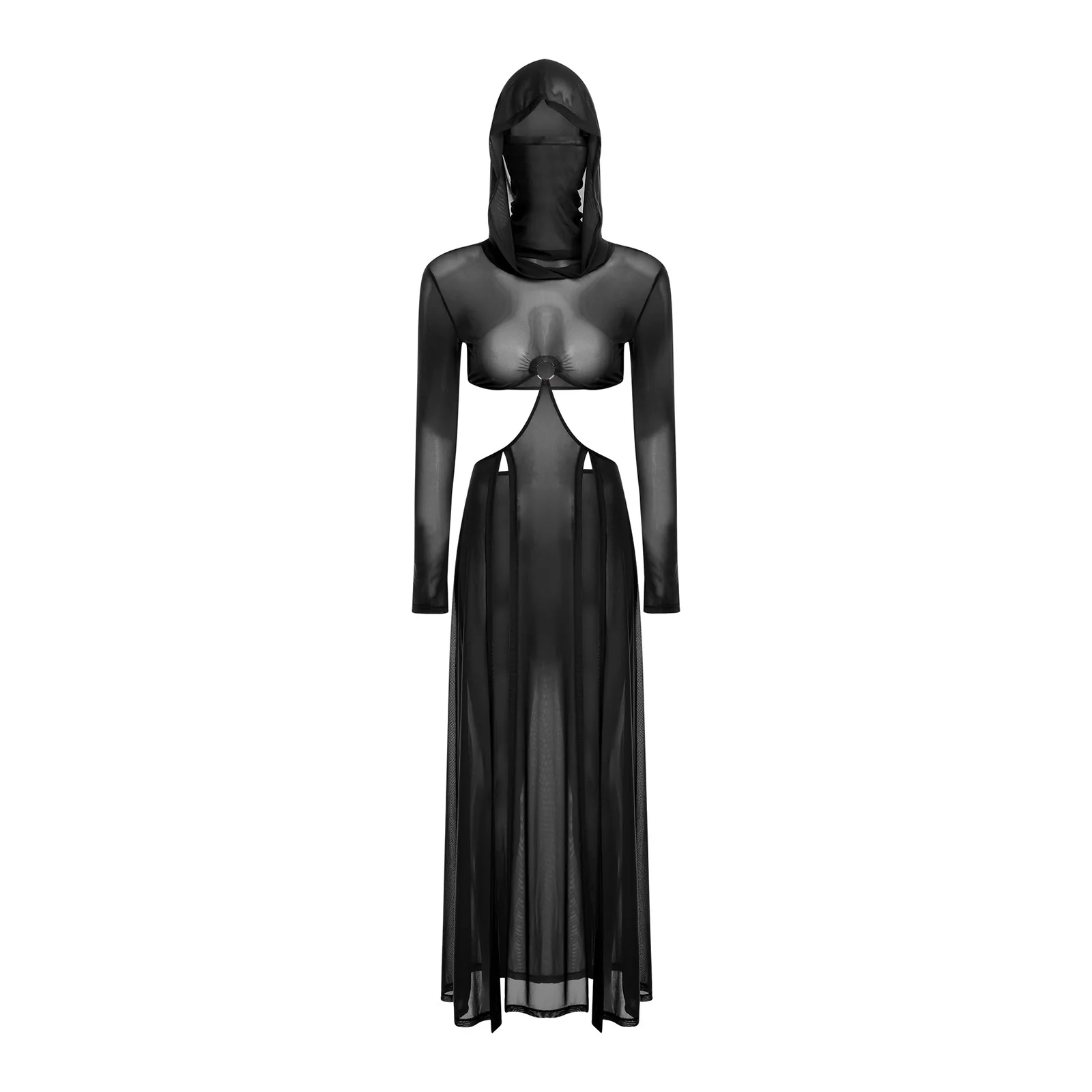 Vrouwen pure jurk met capuchon gezichtsmasker maxi hoge split sexy mesh jurk lange mouwen uitgehold pure jurk cover-up badmode