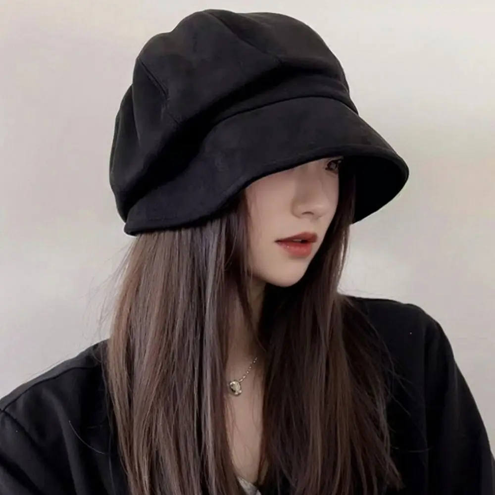 Korean Suede Women Beret Hat Octagonal Sloughy Fisherman Cap Cold Proof Retro Color Winter Bucket Hat Outdoor