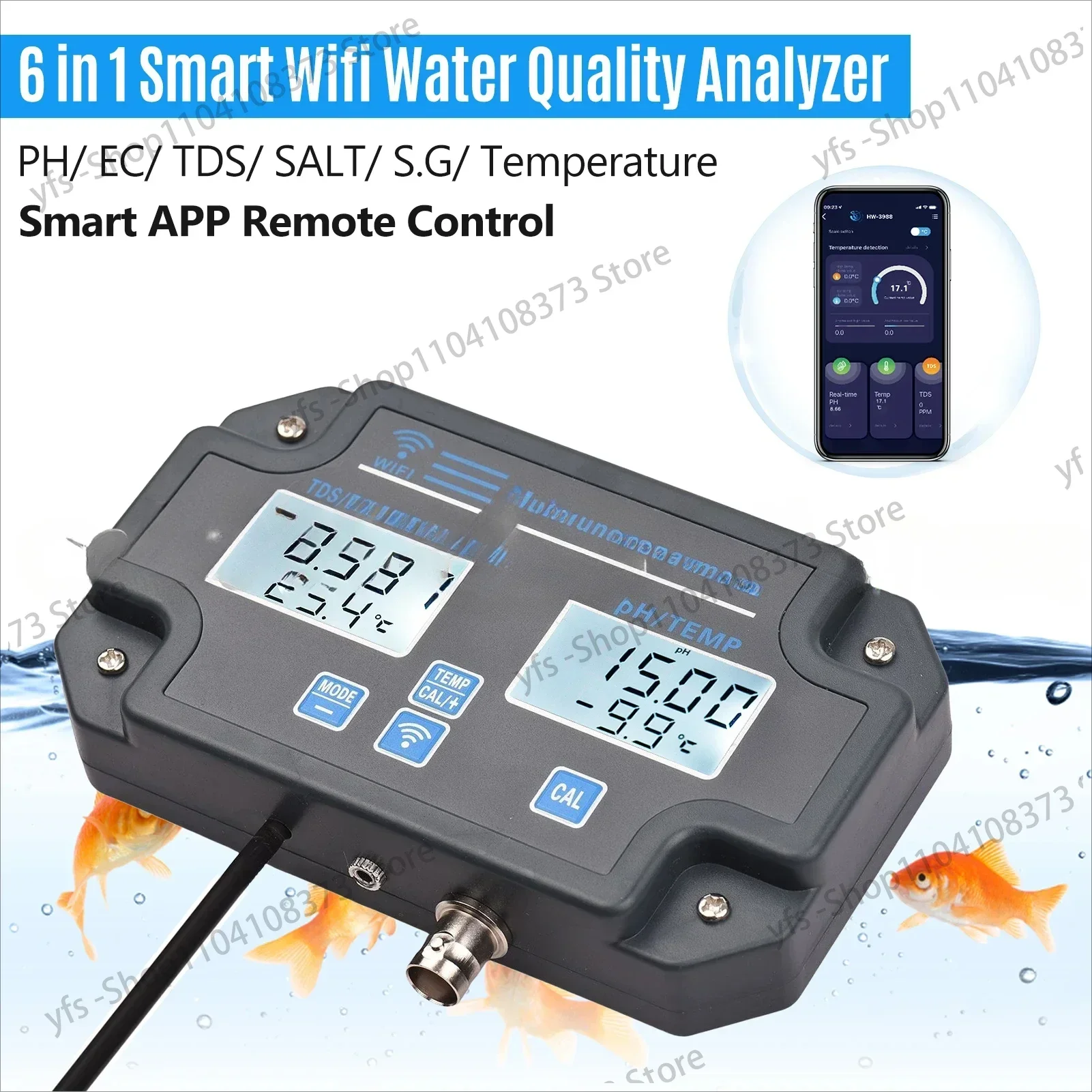 6 in 1 WIFI Water Quality Tester PH/ EC/ TDS/ SALT/ S.G/ Temperature Monitoring Digital Water Analyzer for Aquarium Hydroponics