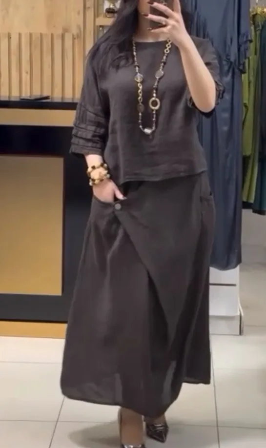 

Loose Casual 2 Piece Set Women Spring Fashion O-neck Folds Half Sleeved Pullover Top Elastic Waist Asymmetric Button Long Skirt