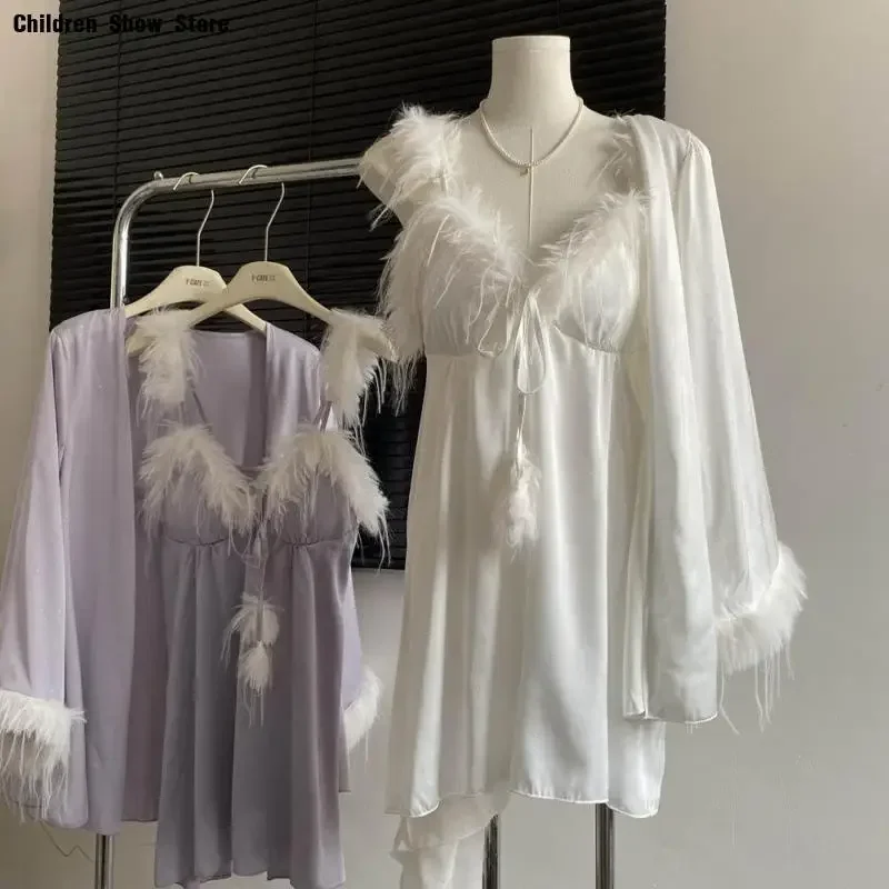 

Милый халат с отделкой перьями, женский сексуальный костюм на бретельках, ночная рубашка невесты, свадебное платье, костюм из искусственного шелка, кимоно, халат, нижнее белье