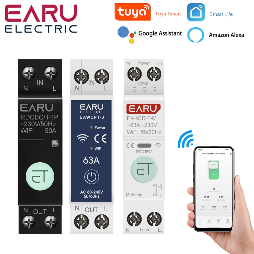 6-63A 1P+N WIFI Smart Switch Energy Meter Kwh Metering Monitoring Timer Relay MCB TUYA Smart Life Voltage Current Protection