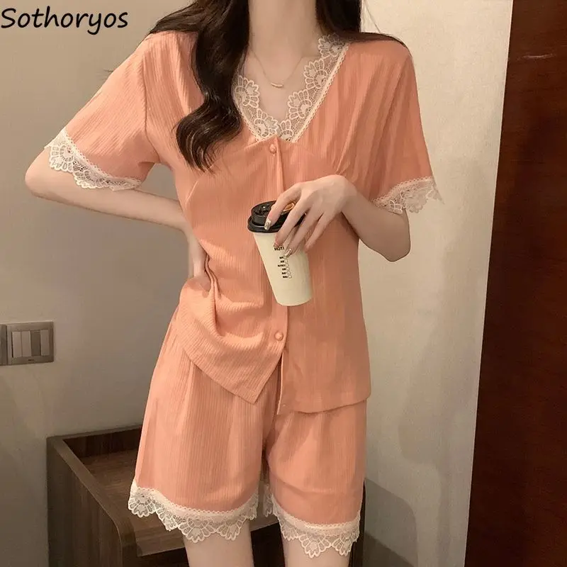 Pajama Sets Women Lace Creativity Basics Popular Leisure All-match Daily Home Breathable Korean Style Ladies Sweet Elegant Retro