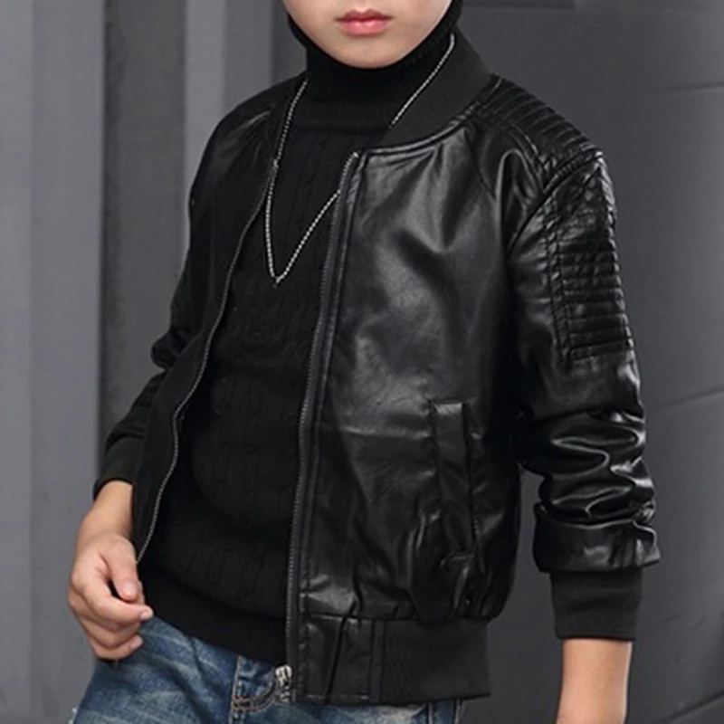 Boys Coats Autumn Winter Fashion Korean Children\'s Plus Velvet Warming Cotton PU Leather Jacket For 3-8Y Kids Jacket Outerwear