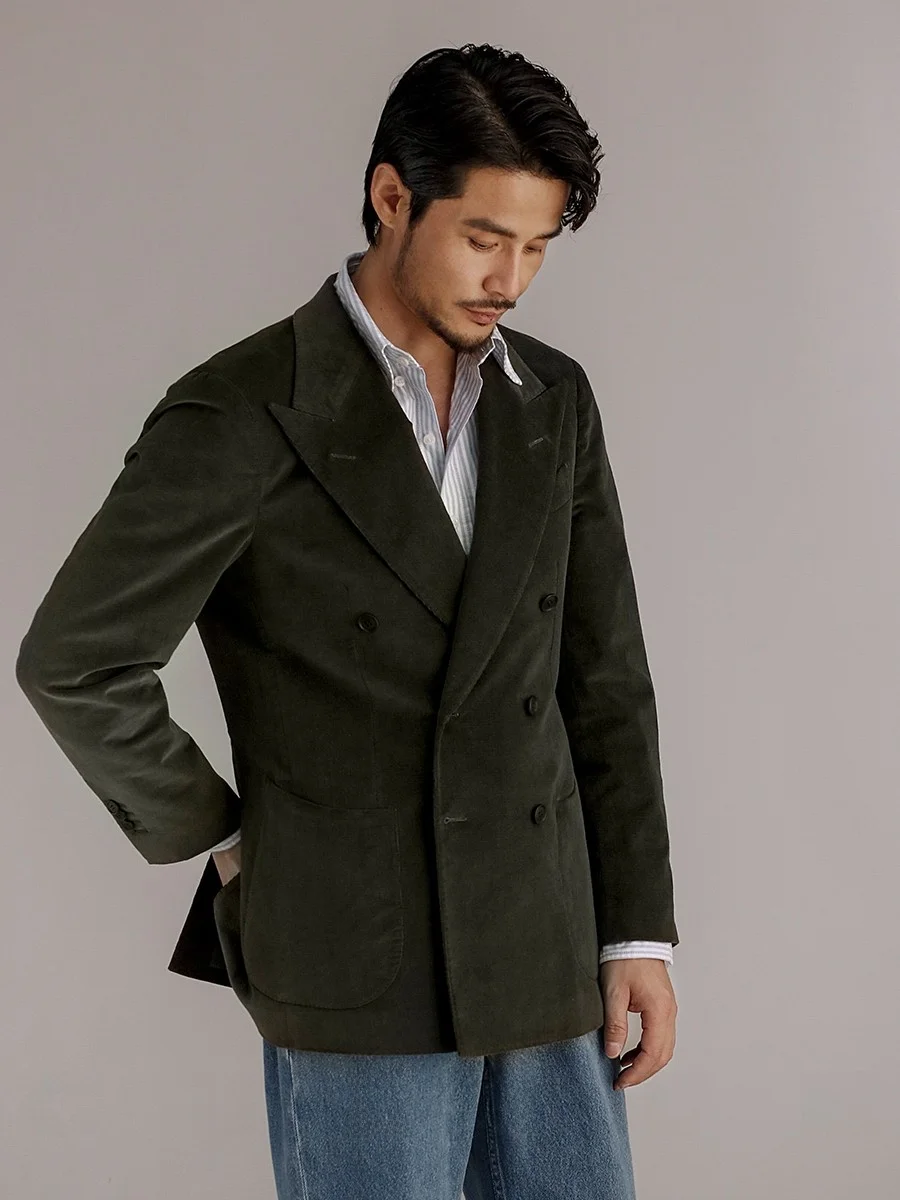 

Cultum Naples Double-Breasted Corduroy Suit Set Men's Winter Busin Casual Retro Stripe Velvet Tee-Button Tailored Suit