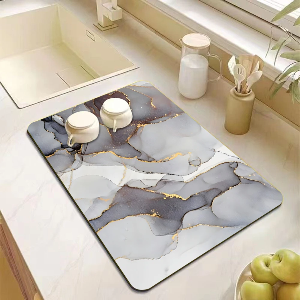  Marble Pattern Kitchen Drying Mat Super Absorbent Quick Dry Non Slip Sink Counter Drain Pad for Dishes Tableware Cup Placemat