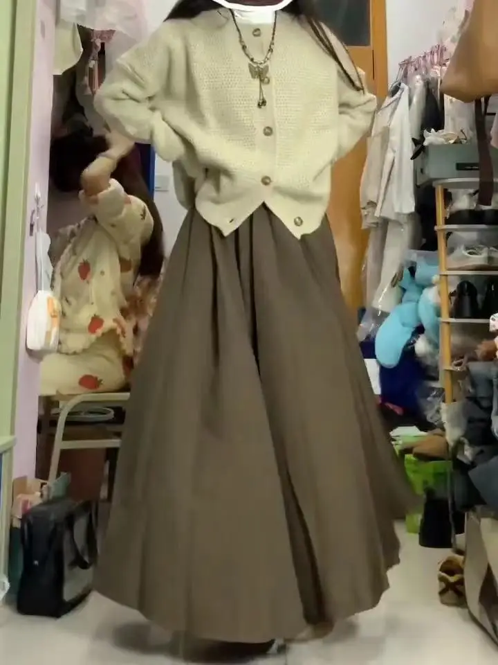 Vintage high-waisted umbrella skirt Maillard 2025 spring and summer pear-shaped thin gentle wind drape pleated skirt skirt women