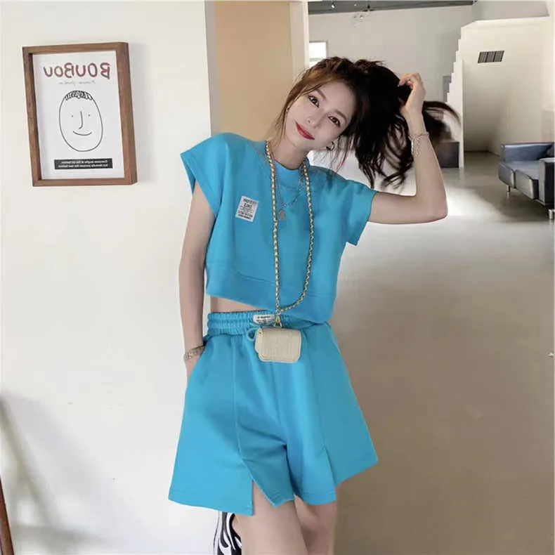 Fashion Casual Sportswear Women's Suit 2023 New Loose Short Sleeve High Waist Wide Leg Shorts Two Piece Sets Trend