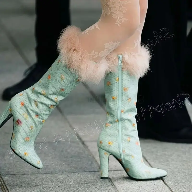 

Floral Print Feather Design Pointed Toe Boots Side Zipper Women Shoes Chunky High Heels Banquet Runway 2026 Zapatos Para Mujere