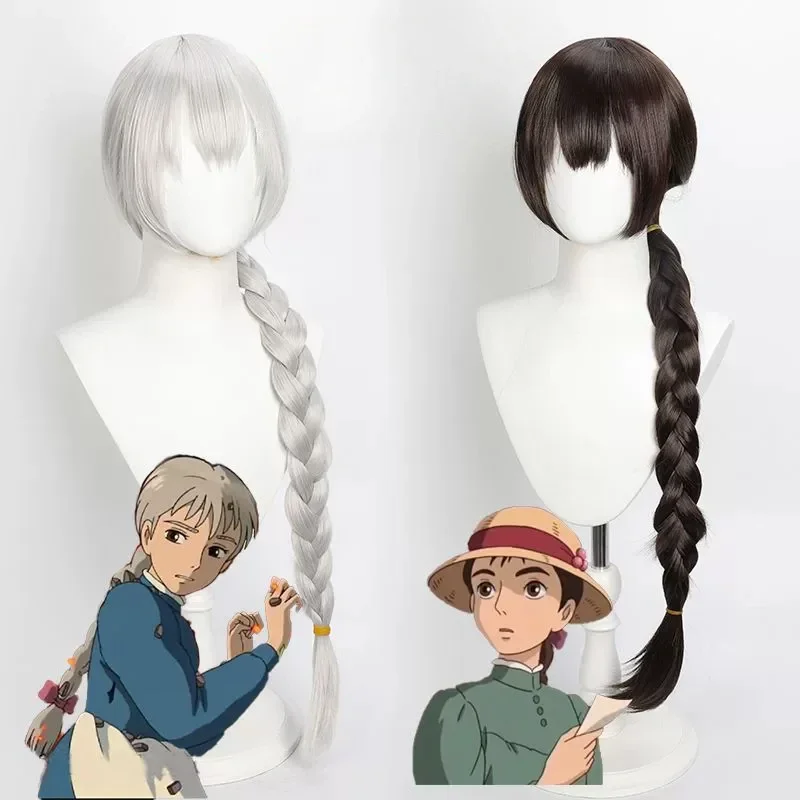 WHIMSICAL W Anime sintético Sophie largo 100cm marrón oscuro/plata trenza pelucas de pelo Cosplay pelo resistente al calor pelucas para fiesta de Halloween