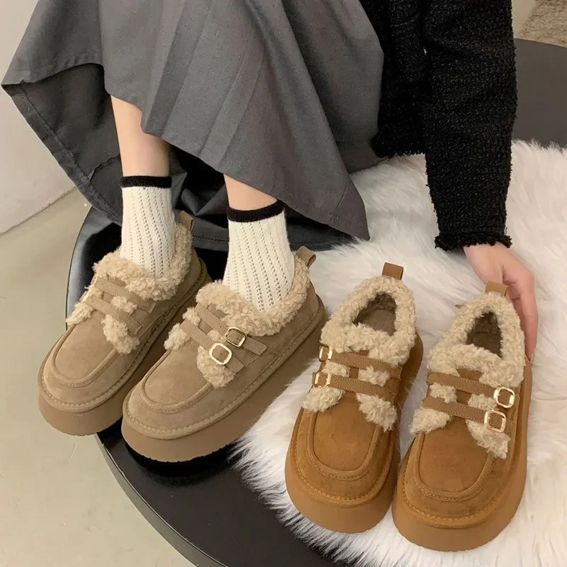 Fur Snow Ankle Boots Women Winter Platform Flats Shoes 2024 Fashion Warm Short Plush Shoes Walking Suede Cotton Femme Booties