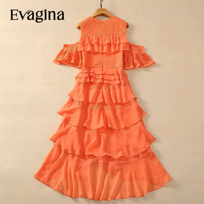 Evagina New Fashion Runway Designer Women's Round Neck Ruffle dge Short Sleeves Cascading Orange Dress