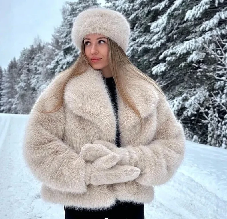 موضة تقليد معطف فرو الثعلب المرأة الخريف الشتاء سترة قصيرة فو الفراء معطف الشارع الشهير بلوزات فضفاضة الإناث #6