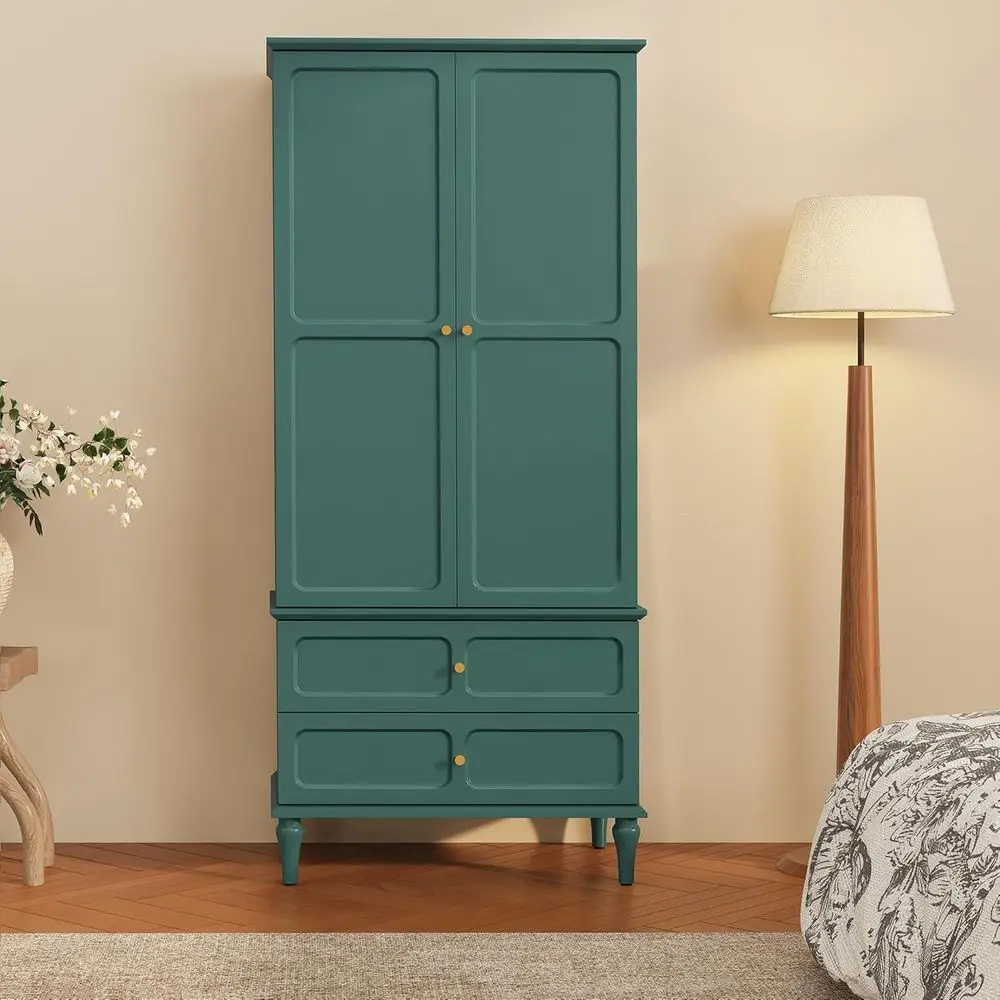 

71 Century Vintage Wooden Armoire with Hanging Rod and Storage, Green Bedroom Wardrobe Closet
