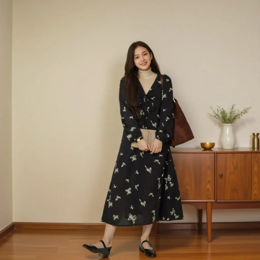 Extra Large Women's Chubby Girl Butterfly Printed Chiffon Deep V-Neck Long Sleeve Dress for Spring And Autumn High-End Feel