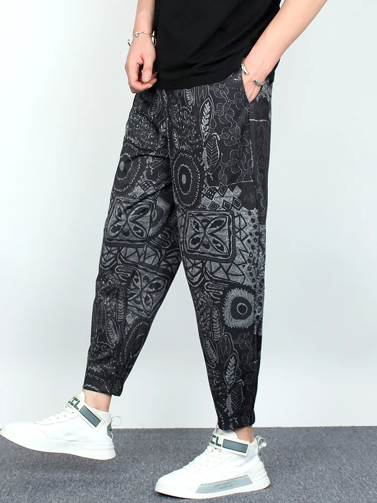 Summer New Korean Style Printed Draped Nine-point Pants Retro Loose Casual Comfortable Cool Slim Fit Casual Pants for Men