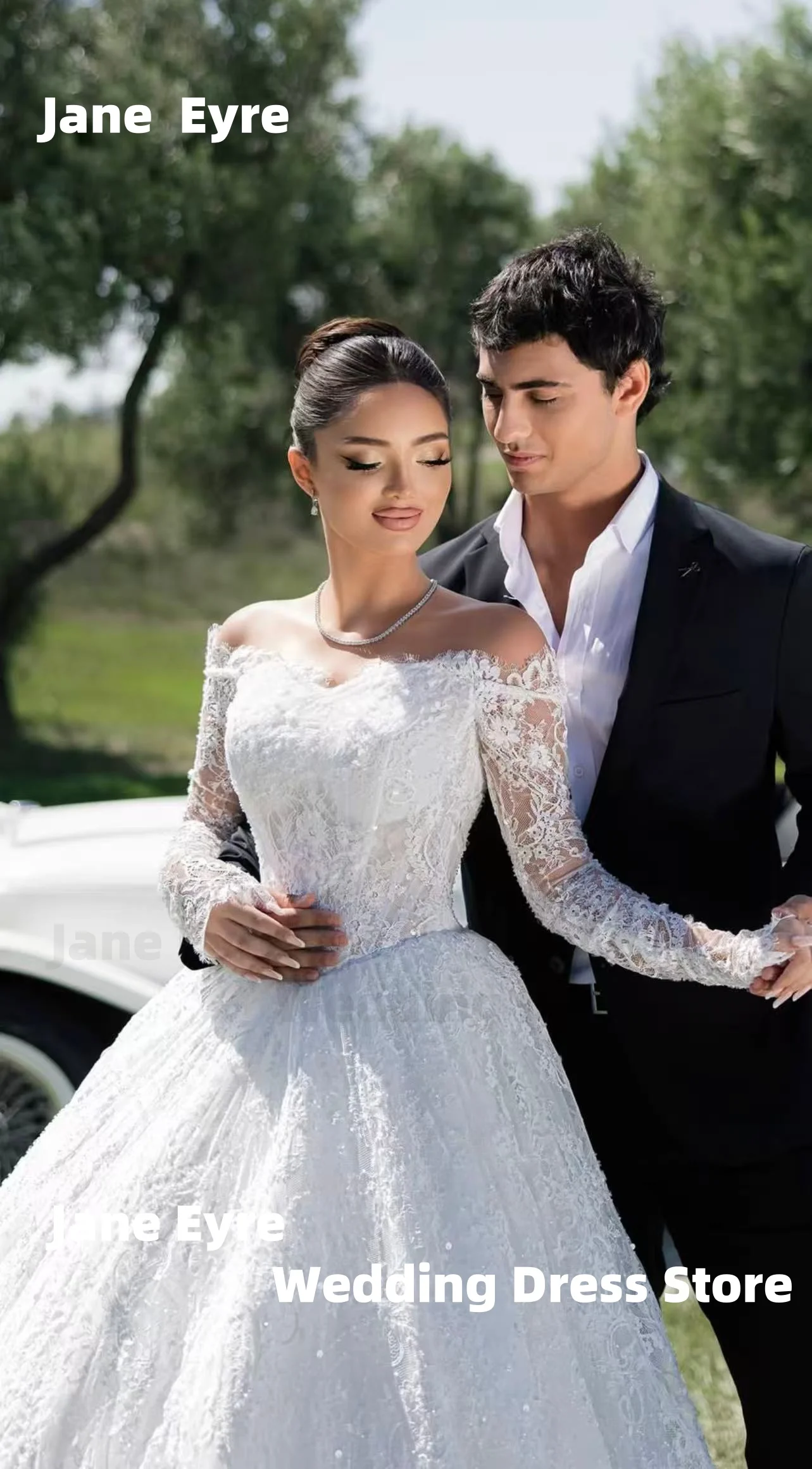 فستان زفاف جين آير فاخر بأكمام طويلة رداء نسائي سباركلي بدون أكتاف سويب تراين لحفلات الزفاف فيستدو دي نوفيا #3