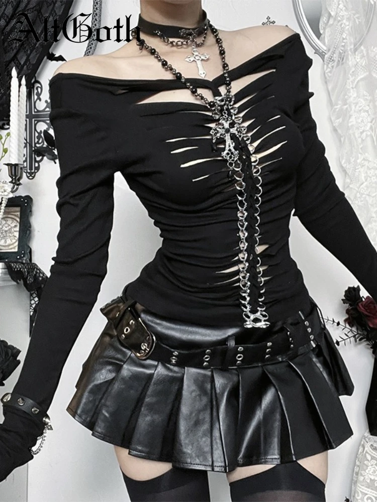 

AltGoth Сексуальная темная готическая футболка Женская уличная одежда Y2k E-girl Harajuku Hotsweet Прозрачные тонкие футболки с длинными рукавами