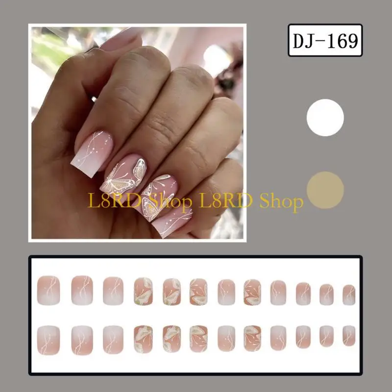 L8RD 24Pcs Butterfly Fake Glossy Press on False Tips Artificial