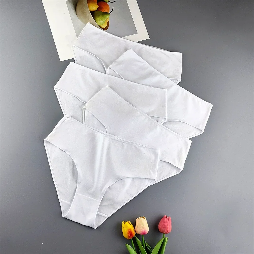 5 Pieces Plus Size White Underwear for Women Pure Cotton Seamless Basic Briefs Soft Mid Waist Mothers Panties