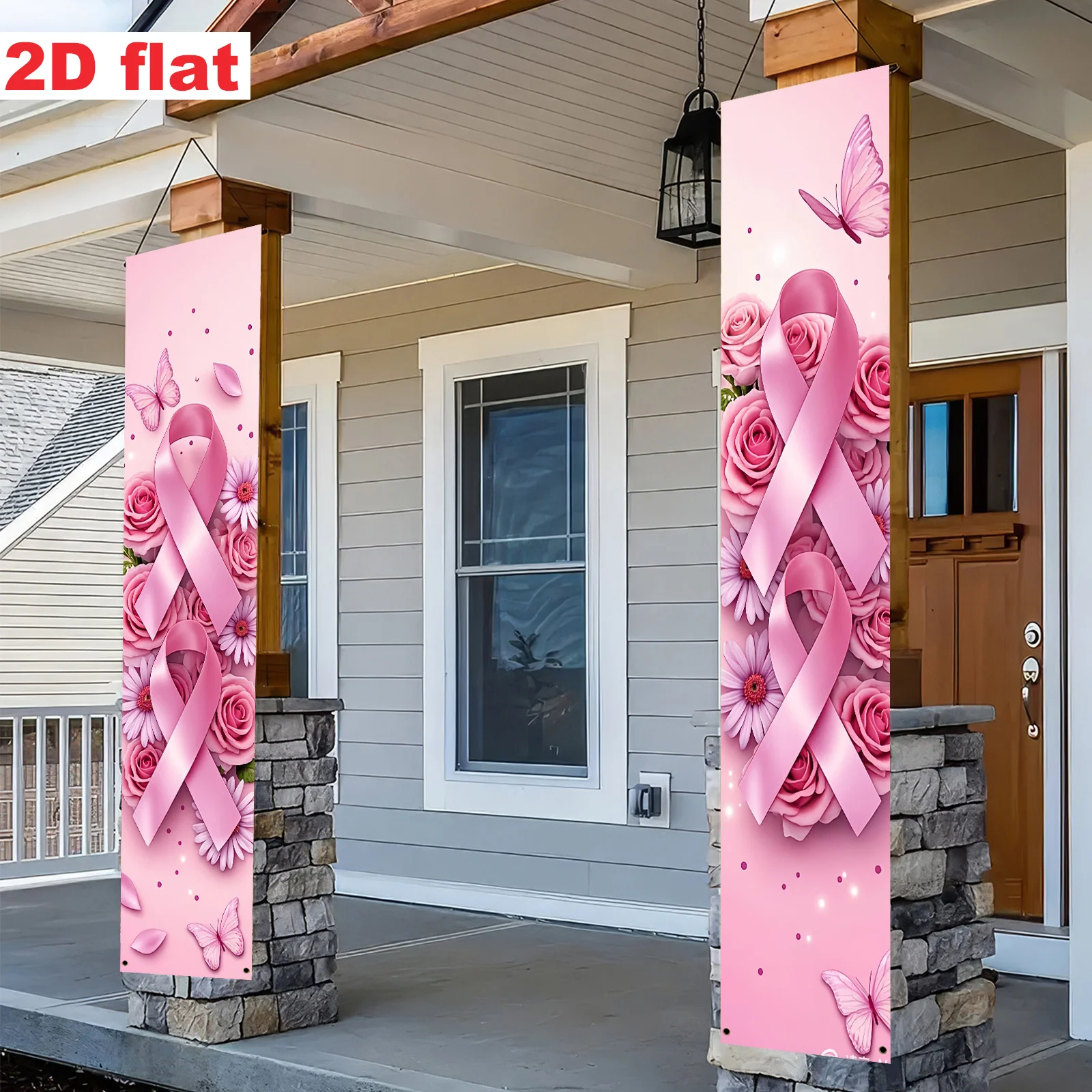2Pcs 2D Flat Pink Ribbon Breast Cancer Awareness Door Couplet Banner Women Charity Indoor Outdoor Porch Decor Easy Install view 5