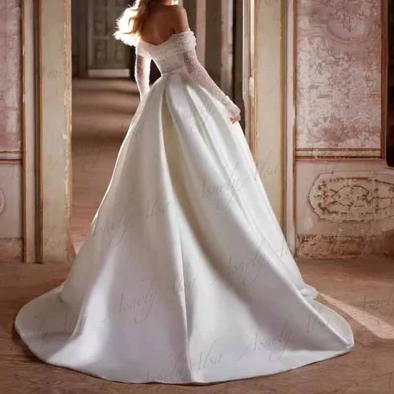 Abiti da sposa personalizzati a maniche lunghe per le donne con spalle scoperte gonna gonfia in raso abito da sposa taglie forti vestido de noiva casame