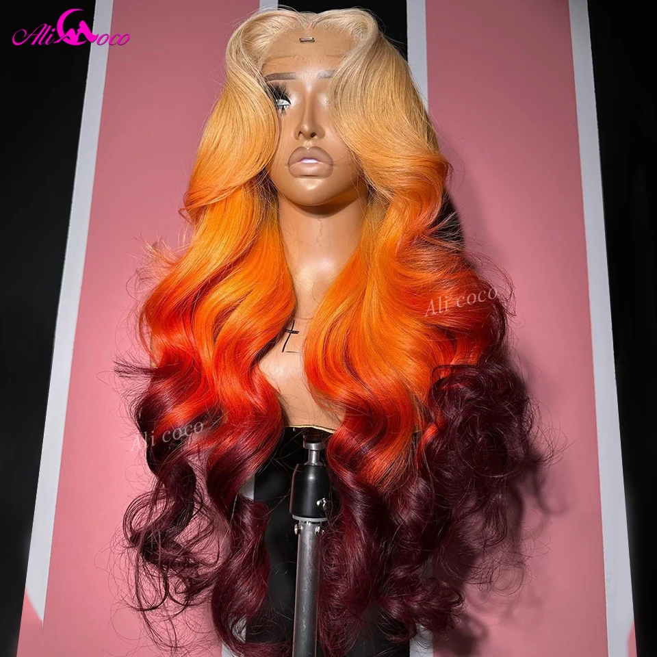 Ali Coco Hair Ombre Orange Red 99J Lace Front Human Hair Wigs For Women HD Transparent Lace Frontal Wig Pre Plucked Remy Wavy