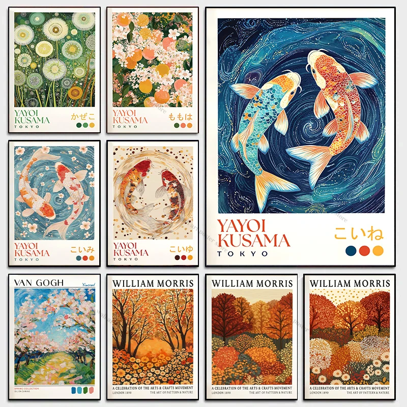Póster de otoño del bosque verde de William Morris, estampado de pez Koi inspirado en Yayoi Kusama, arte japonés moderno, hojas de otoño, arte botánico