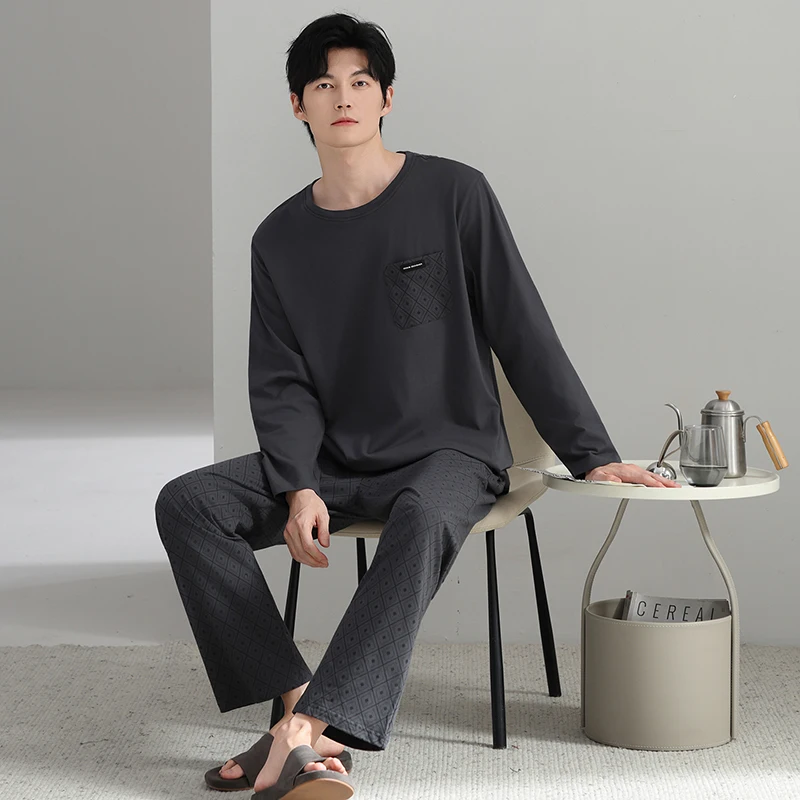 High Quality Big Size M-4XL Men Pajamas Set 100% Cotton Sleepwear Male Autumn Long Sleeve Casual Pyjamas