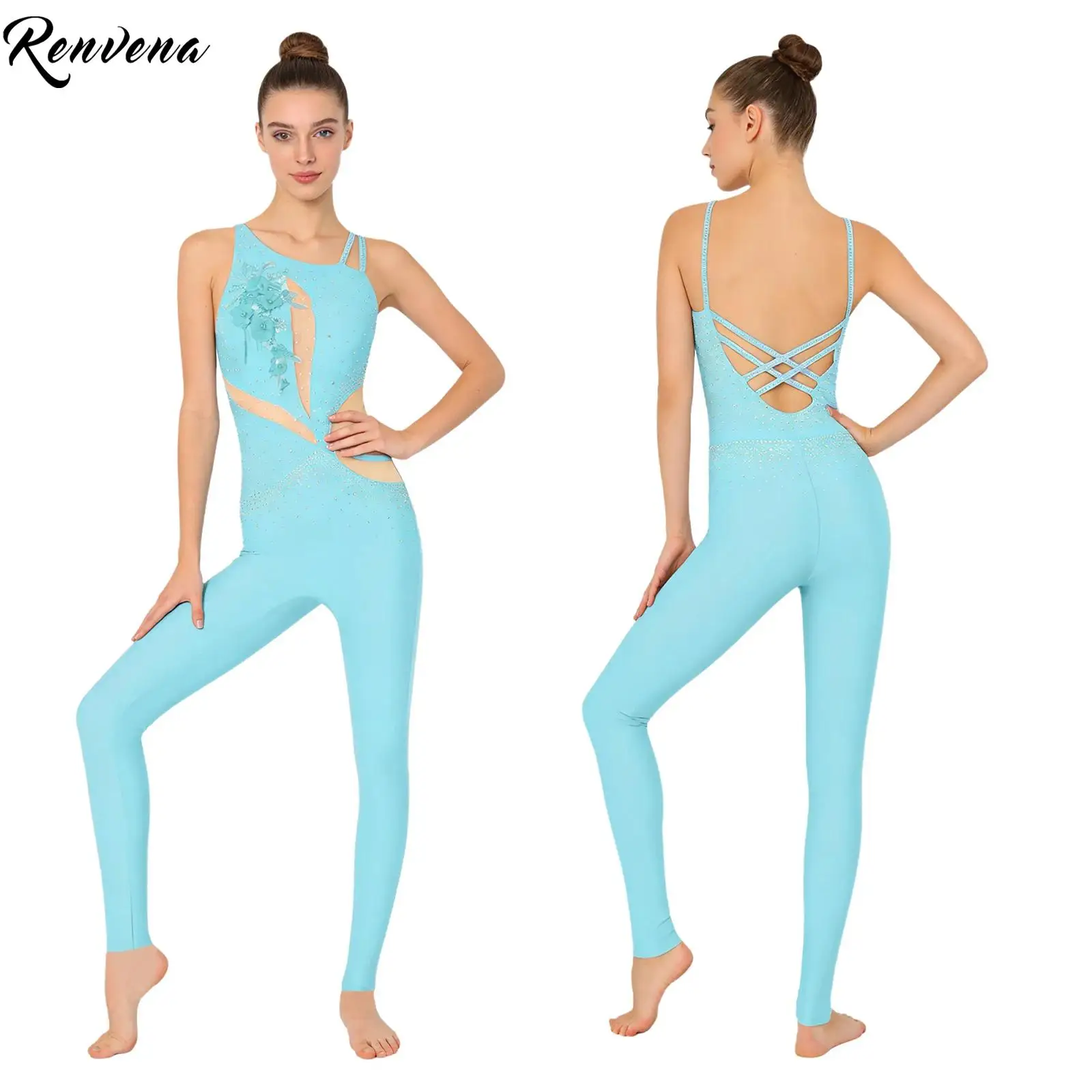 レディース体操ユニタードボディスーツ刺繍アップリケラインストーンレギンスパンツジャンプスーツ新体操ダンス衣装