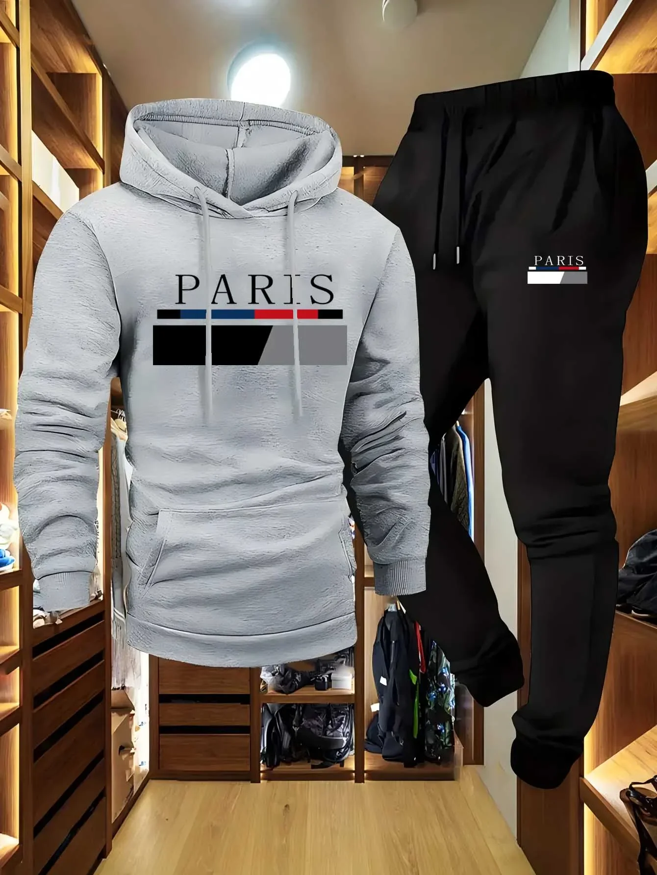 A 2-piece Men's "Paris" Letter-printed Comfortable Pullover Hoodie and Sweatpants Set Is Suitable for Spring and Autumn