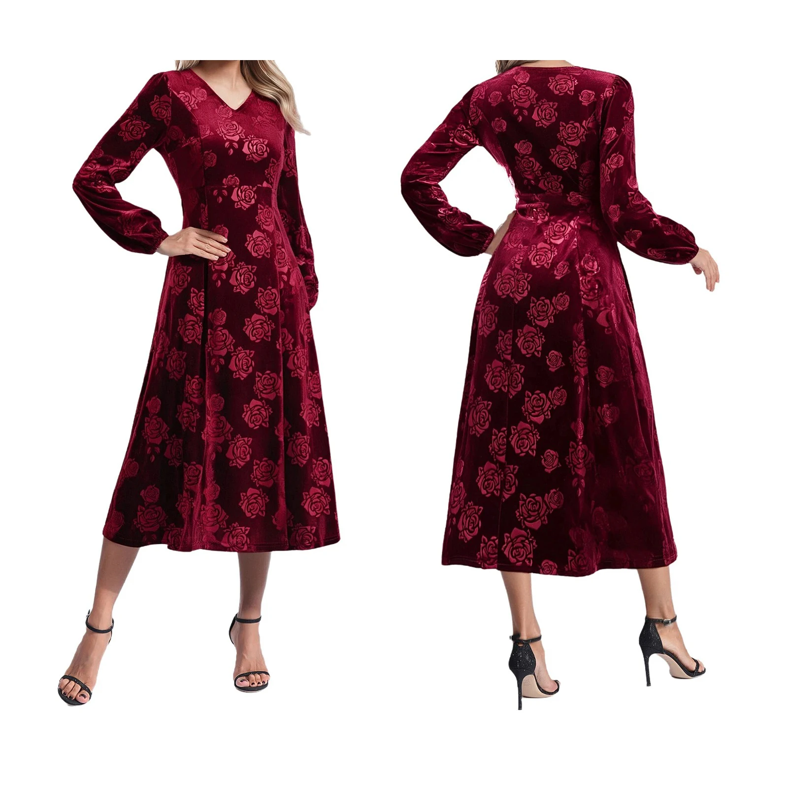 Abito da madre jacquard a maniche lunghe da donna Abito da cocktail vintage anni '20 Abito con scollo a V Abito da cerimonia nuziale a trapezio in velluto rosa