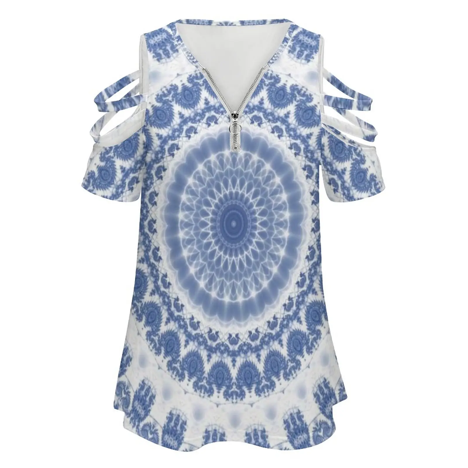 Blue And White Fractal Mandala Women Zipper Various styles Printed T Shirts Tops Full Print T-Shirt Mandala Mandalas Mandala Art