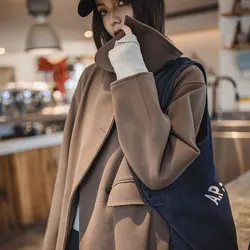 Maden Classic Long Woolen Coat Single-breasted with Lapel Versatile Solid Color Warm Overcoat for Women's Autumn and Winter